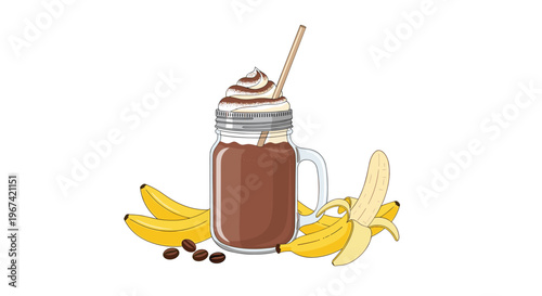 A detailed mason jar mug with a frothy brown beverage, whipped cream, and a straw is surrounded by ripe bananas and coffee beans on a white background.