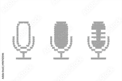 Abstract Microphone Halftone Dots Vector Set, Retro Mic Icon Collection in Particle Dot Style, Audio Recording Podcast Broadcast Symbol Design Isolated on White Background