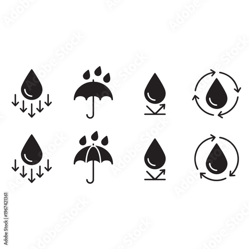 Minimalist Water Resistant and Hydrophobic Protection Icon Set - Vector Symbols for Waterproofing, Rain Protection, and Water Conservation.