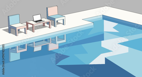 Minimalist illustration of a swimming pool with a laptop on a table and two chairs on the deck.