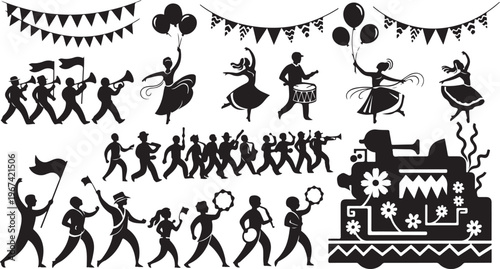 Silhouettes of people celebrating a festival with banners and balloons