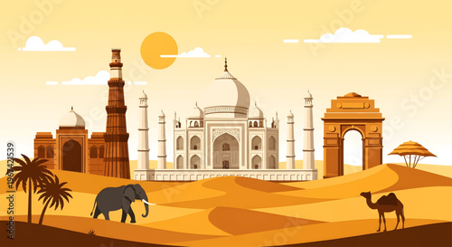 Famous Indian Landmarks Illustration with Taj Mahal, Qutub Minar and India Gate in Desert Landscape