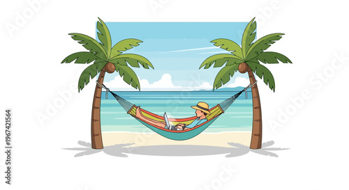 A person relaxing in a hammock tied between two palm trees on a tropical beach with the ocean in the background, enjoying a peaceful vacation.