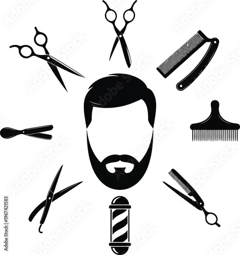 Barber shop tools and male face silhouette 