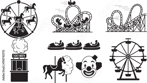 Black and white illustrations of various amusement park rides and attractions