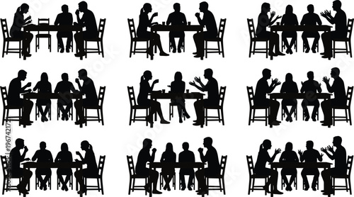 Set of family and friends silhouettes sitting at a dining table talking and eating for home lifestyle restaurant and community social gathering graphics