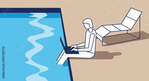 An illustration of a person working on a laptop while sitting at the edge of a swimming pool, with a lounge chair nearby, depicting remote work or a relaxed work environment.