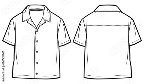 Boys short sleeve hawaiian resort shirt flat sketch illustration with front and back view,  Toddler kids woven Cuban collar Shirt fashion illustration cad drawing mock up,
