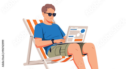 A man in sunglasses and a blue t-shirt sits comfortably in a striped beach chair, working on his laptop, embodying remote work or digital nomad lifestyle.