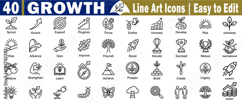 Growth line art icons set. Illustrating business strategy and organic development concepts with thin stroke design elements for modern branding Vectors. 