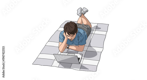 Illustration of a man lying on a blanket, using a laptop, depicting leisure and remote work or study.