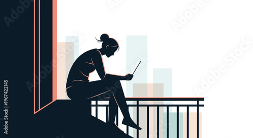 Silhouette of a woman working on a laptop on a balcony with a city skyline in the background, illustrating remote work or leisure.