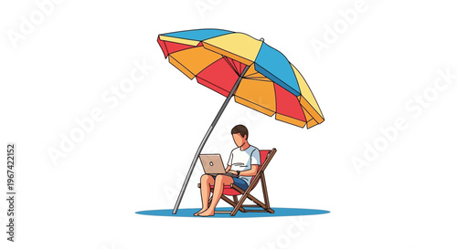 Man working on laptop under a colorful beach umbrella, enjoying remote work or digital nomad lifestyle by the shore.