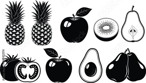 Set of black fruit silhouettes including pineapple apple pear avocado and kiwi for healthy food marketing organic farming and vegan grocery store graphics