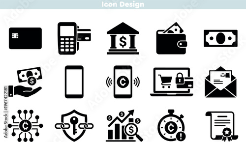 Set of icons for mobile banking and digital financial transactions. Including credit card, atm terminal, bank building, and secure payment. Global fintech currency vector design.