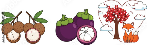 Longan and mangosteen fruit collection with tropical fruits and cute fox love scene vector illustration set isolated on white background
