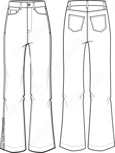 Women Boot Cut Flare denim jeans trouser pants front and back view flat sketch fashion illustration, Oversize Boot cut five pockets jeans denim pants cad drawing vector template