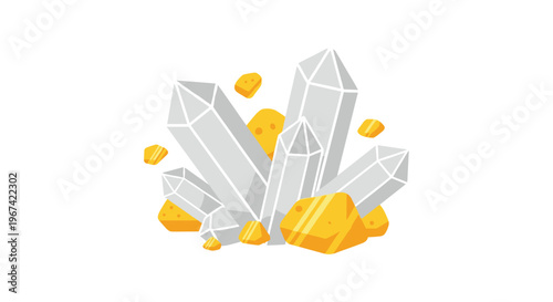 A collection of white faceted crystals and irregular gold nuggets is arranged on a clean white background.