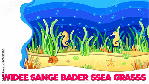 Vibrant underwater scene with seahorses in sea grass meadow ocean creatures aquatic plants and sandy ocean floor illustration