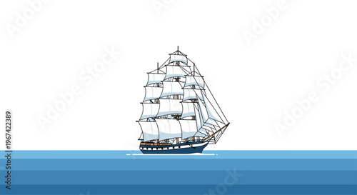 A large, multi-masted sailing ship with white sails floats on a calm blue ocean under a clear white sky.