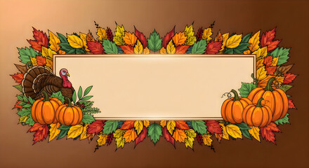 Happy thanksgiving wishes with colorful fall leaves and pumpkins border frame