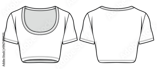 Women's Crop top T Shirt Blouse flat sketch fashion illustration drawing template mock up with front and back view. Crew neck shorts sleeve Blouson T shirt