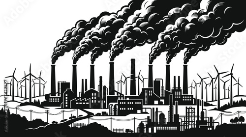 Industrial factory silhouette with smoking chimneys and wind turbines for environmental pollution global warming climate change and renewable green energy transition graphic design