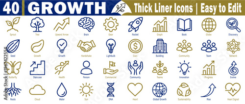 Growth thick liner icons set. Representing business expansion and sustainable development for corporate branding use, vector illustration.