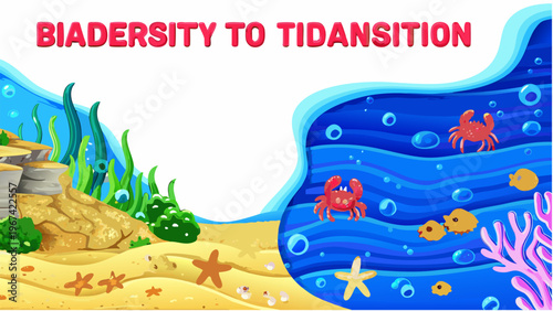 Tidal pool transition zone with diverse marine life and coral reef ecosystem in ocean environment
