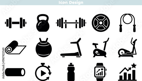 Set of icons for fitness training and gym workout equipment. Featuring dumbbells, kettlebells, treadmills, and healthy lifestyle trackers. Active sports elements vector design.