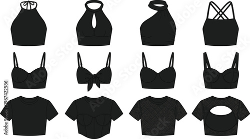 Set of women's black crop top silhouettes including halter necks bralettes and short sleeve shirts for fashion apparel design and modern clothing store graphics