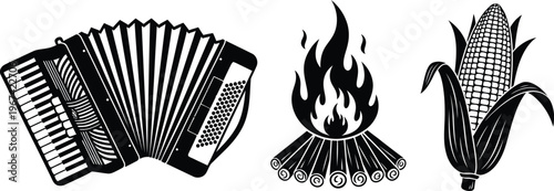 Accordion musical instrument, campfire with logs, and a corn on the cob