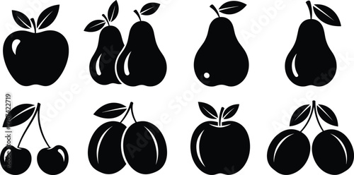 Set of black and white silhouette icons representing various fruits like apples, pears, cherries, and plums.