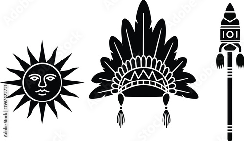 Sun face, native american feather headdress, and ceremonial tribal staff