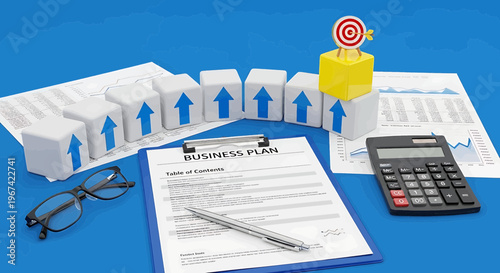 Business planning and strategy with upward arrows and target goal plan growth success finance calculator