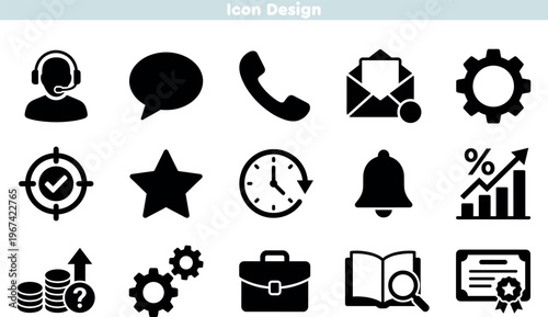 Set of icons for customer support and business communication. Features headset, phone, email, and professional office symbols. Solid symbols for corporate service vector design.