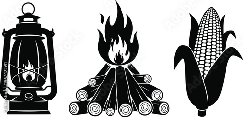Traditional harvest symbols featuring lantern campfire and corn stalk