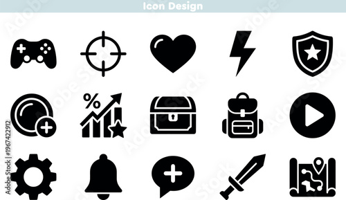 Set of icons for gaming interface and digital entertainment. Featuring controller, heart health, lightning power, and quest map symbols. Modern gaming glyph elements vector design.