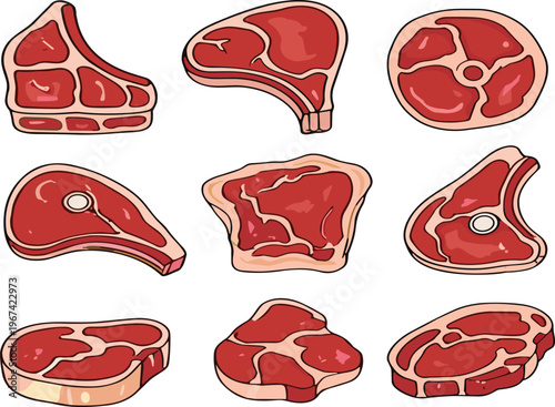 Raw Beef Steak Cuts Vector Illustration Set with Different Meat Types, Fresh Red Meat Collection for Butcher Shop, Cooking and Food Design Isolated on White