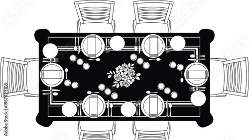 Overhead view of a formal dining table setting for eight with floral centerpiece, plates, and cutlery.