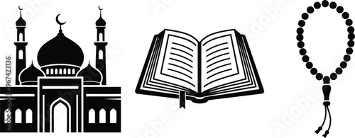 Islamic icons featuring mosque building holy quran book and prayer bead