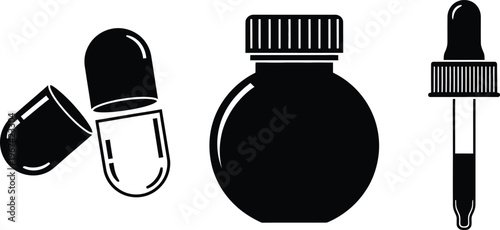 Medical capsule open empty bottle and dropper with liquid healthcare items