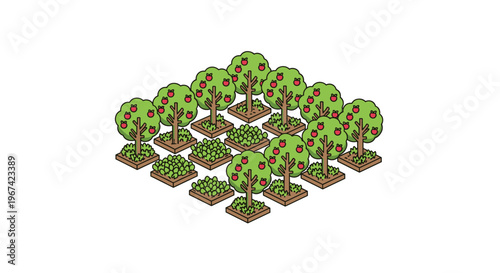 A grid of sixteen square plots featuring eight apple trees with red apples and eight green bushes is shown in an isometric view.
