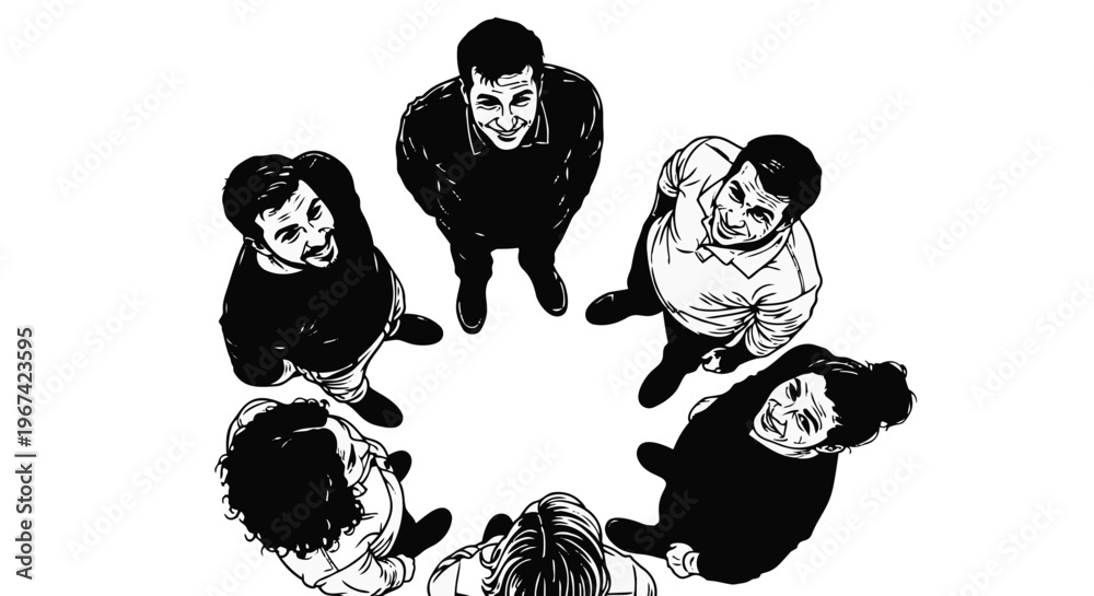 Fototapeta premium Group of diverse people standing in a circle looking up, high angle view