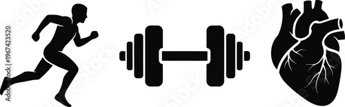Running man, dumbbell, and human heart icons set on transparent background