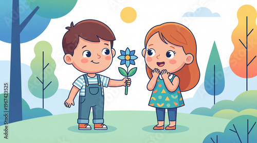 Little boy giving a flower to girl in outdoor setting  