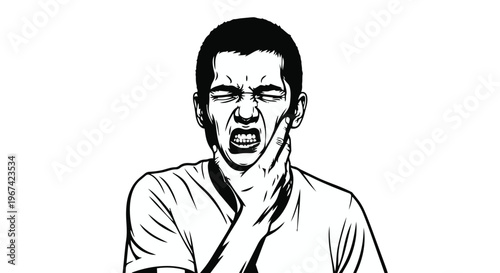 Young man suffering from severe toothache, holding his cheek in pain