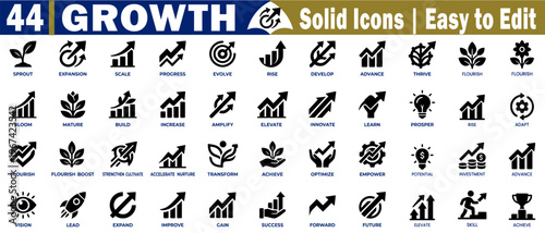 Growth solid icons set. Depicting business success and financial advancement with bold black silhouettes of arrows, charts, and organic plants, vector illustration.