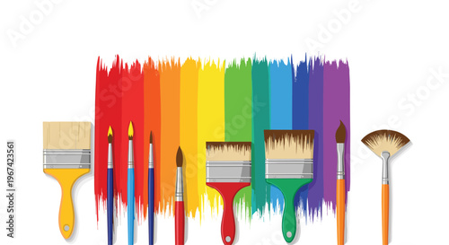Eight various paintbrushes are displayed against a vibrant horizontal rainbow paint stroke on a clean white background.
