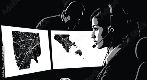 Dispatchers monitoring city maps and geographical data on computer screens in a dark control room